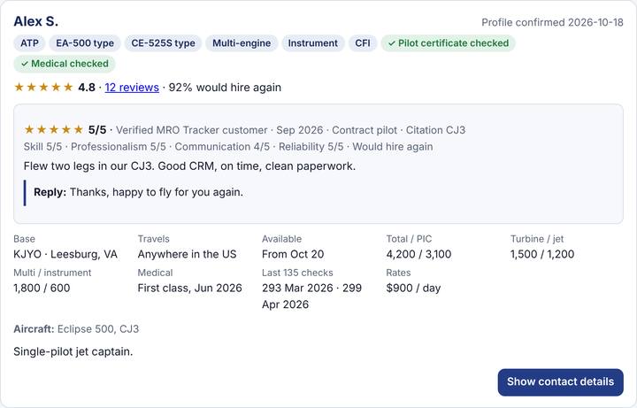 A contract pilot's profile in the MRO Marketplace, with sample data