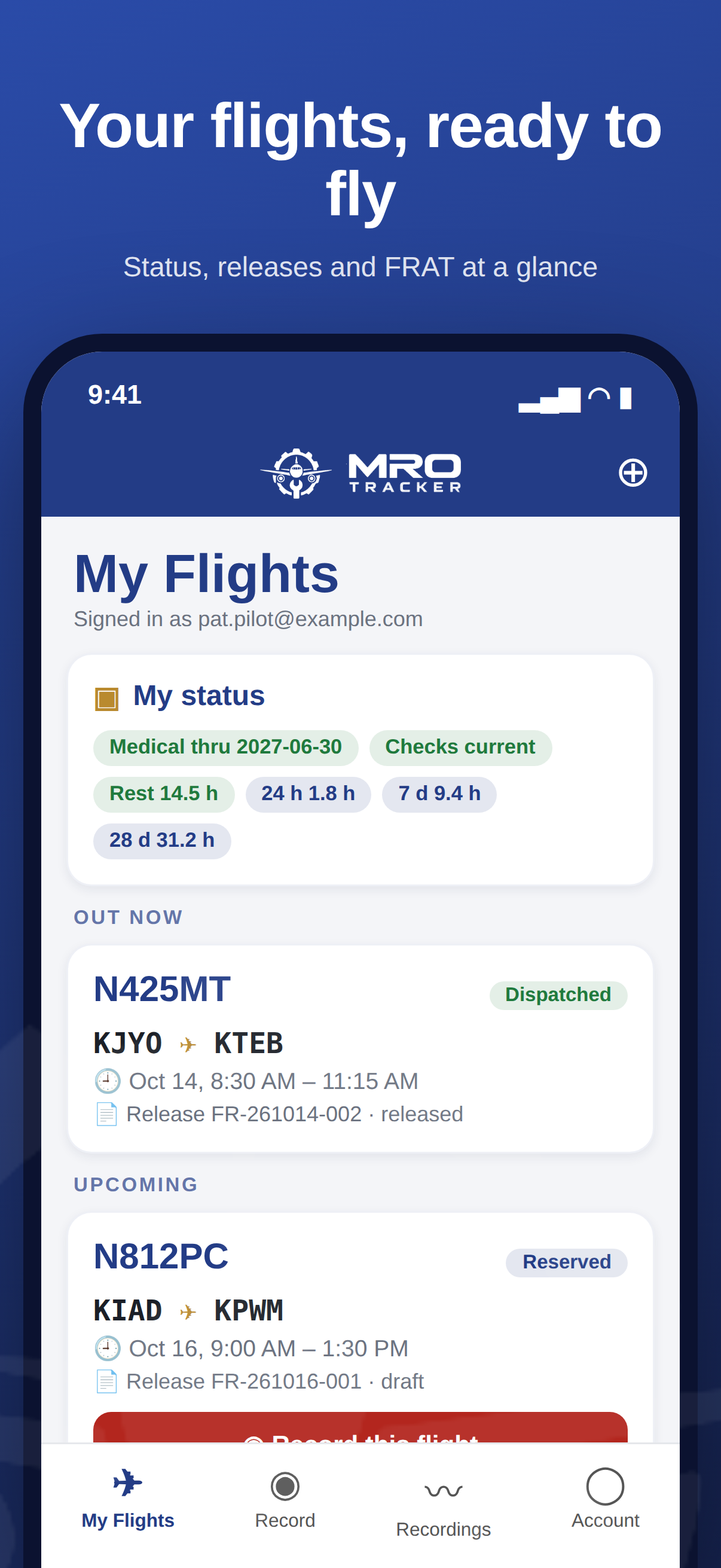 MRO Tracker pilot app flights