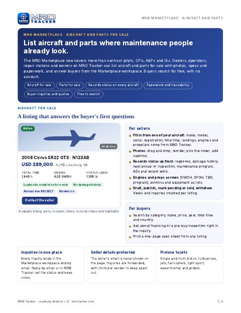 MRO Marketplace aircraft and parts for sale cover