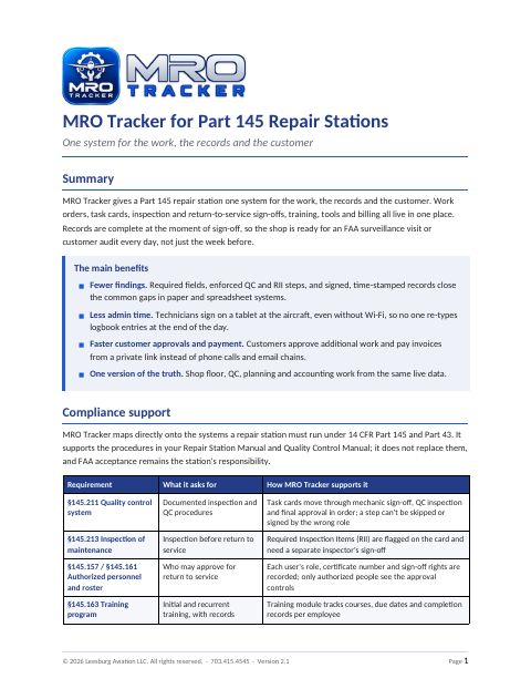 MRO Tracker for Part 145 Repair Stations cover