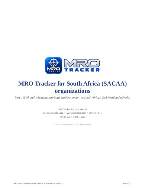 MRO Tracker for South Africa (SACAA) organizations cover