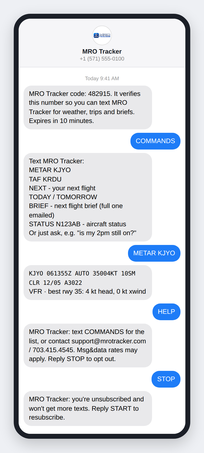 Text MRO Tracker conversation